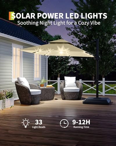 9ft Outdoor Patio Umbrella Heavy Duty 8 Ribs, Waterproof UV Protection Sun Shade with Crank Lift & Push Button Tilt, Outdoor Umbrella for Deck, Pool, Garden, Backyard, Lawn - color: Beige&Square-Lights, size: 10FT Roman
