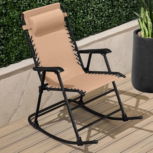 Best Choice Products Outdoor Zero Gravity Rocking Chair, Folding Reclining Patio Lounge Chair with Adjustable Pillow for Lawn, Beach, Camping - Beige - color: Beige