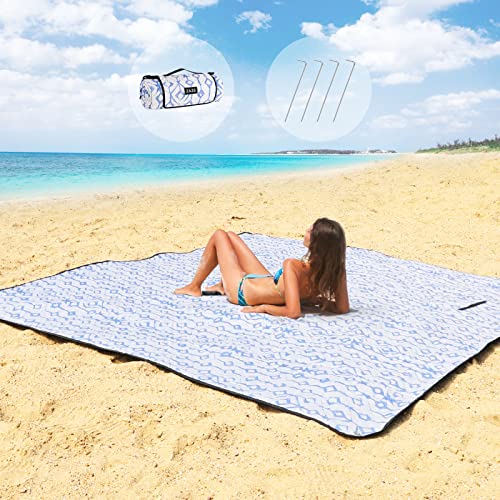 ZAZE Beach Blanket Picnic Blankets Waterproof Sandproof with Stakes, Thick 3-Layer 80 * 80 Oversized Mat, Extra Large Big Machine Washable, Foldable Accessories Outdoor Camping Park (Blue White) - color: Blue and White With Stake