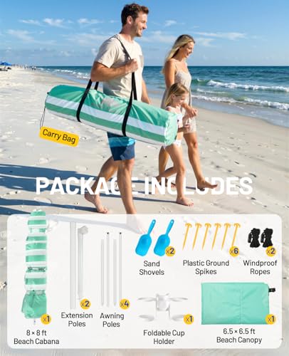 Rhino Valley Beach Cabana, 120 Sq. Ft Beach Canopy UPF50+ Protection, Easy Setup & Adjustable Height Beach Tent Sun Shelter with Cup Holder, Portable for 4-8 People, Light Green & White Stripes - color: Light Green & White Stripes