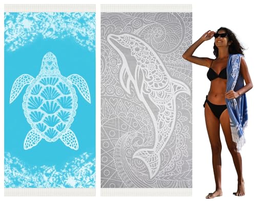 Widdonen 2 Pack Turkish Beach Towel Quick Dry Absorbent Cotton Lightweight Thin Bathroom Bath Pool Swim Towels Extra Large Oversized Sand Free Beach Accessories Essentials Stuff Cloud Adults Gift - color: 2 Pack Dolphin Turtle, size: X-large(79 X 36 Inche