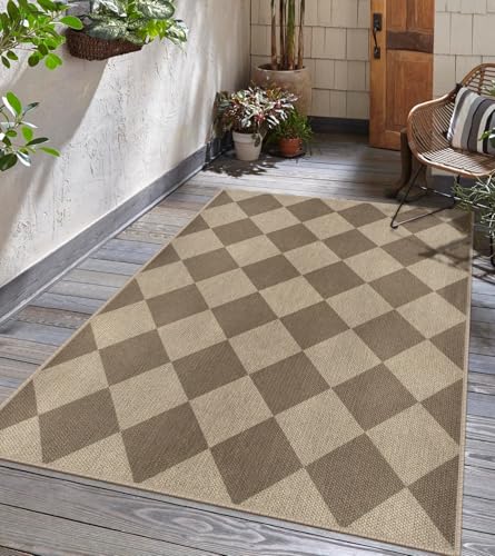 Rugalia Easy Jute Small Outdoor Patio Rug, 3x5 Brown Checkered Entryway Rug Washable Modern Diamond Kitchen Rugs, Non-Slip Neutral Farmhouse Throw Carpet for Living Room Porch Backyard - color: Brown Checkered, size: 3' x 5' (Rectangular)