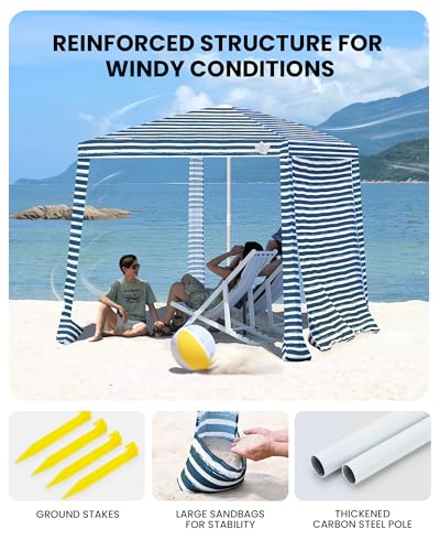 Qipi Beach Cabanas for Sand, Beach Canopy with Sandbags & Side Wall for Family, Easy Set Up Sun Shelter, UPF 50+ UV Protection with Roof Vent - color: 6.5' x 6.5' Sailor Stripes Dual-Fold