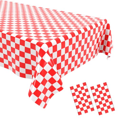 2 Pack Checkered Tablecloth Disposable Plastic Red and White Checkered Tablecloth Waterproof Rectangular Picnic Table Cover, Black Party Decoration, 54 x 108 inches - color: Red Checkered, size: 54" x 108" Rectangular (2 Pack)