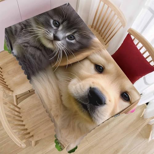 Table Cloth Cat Dog, Cute Funny Farmhouse Soft Table Cover for Kitchen Dining Tabletop Decoration, 52x70 Inch Fitted, 4-6 Seats - color: Cat Dog