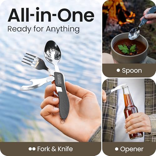 Orblue 4-in-1 Camping Utensils, 1-Pack, Portable Stainless Steel Spoon, Fork, Knife & Bottle Opener Combo Set - Travel, Backpacking Cutlery Multitool, Black - color: 1-PACK Boundless Black