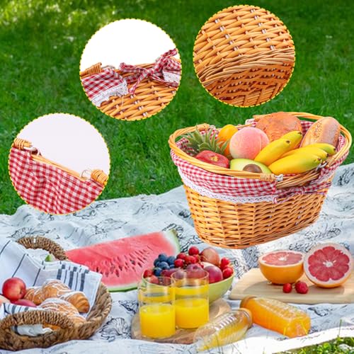 1 Pack 14.2 Inch Natural Wicker Basket with Checkered Lining, Oval Wicker Woven Basket with Handle, Willow Woven Picnic Baskets for Picnic, Camping, Party(Large) - size: 1 Pack 14.2in Natural