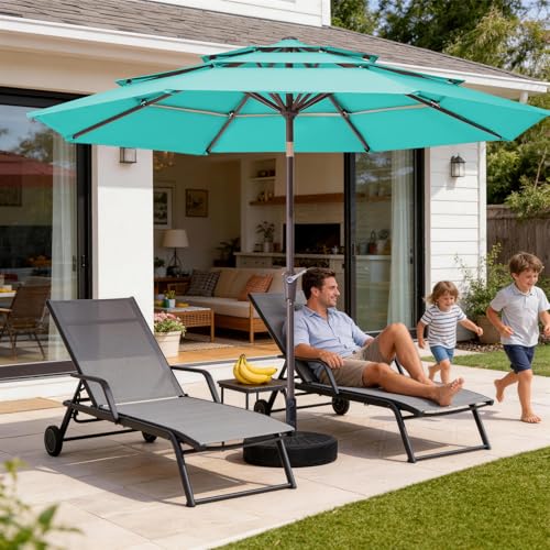 JEAREY 9FT 3 Tier Patio Umbrella Outdoor Market Umbrella Table Umbrellas with 8 Ribs 1.5 Pole Push Button Tilt and Crank UV Protection for Garden,Peacock Blue - color: Peacock Blue