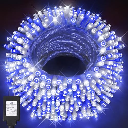 KNONEW Outdoor Christmas Lights 500 LED 197ft String Lights 8 Modes & Memory Fairy Light Plug in Waterproof LED String Lights for Xmas Yard Tree Wedding Party (Blue and White) - color: White and Blue, size: 197FT 500 LED