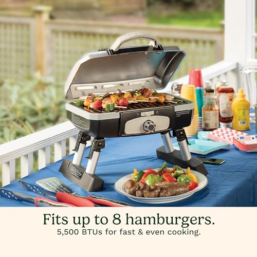 Cuisinart Petite Gourmet Portable Gas Grill, Compact Portable Grill Propane, 150 Sq. In. Cooking Surface, 5,500 BTU Burner Small Gas Grills for Camping, BBQ, Folding Legs and Carry Handles, Stainless - color: Petit Gourmet Tabletop Gas Grill, Stainless St