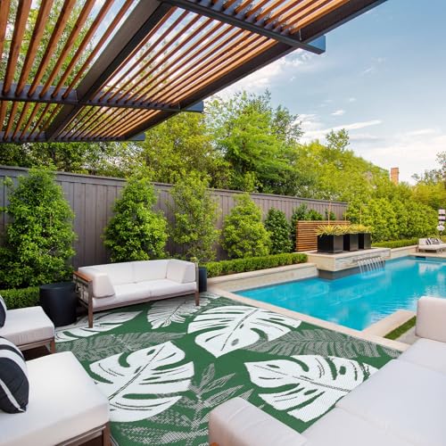 Outdoor Rug Washable 8x10 ft, Reversible Plastic Straw Mat, Patio Rug with 4 Stakes, Outside Quick Dry Carpet, for RV, Camper, Deck, Balcony, Porch, Beach, Picnic - Green and White - color: Green & White, size: 10' x 8' (Rectangular)