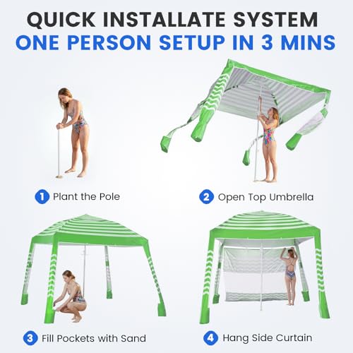 Zeraty Beach Cabana 8'×8', Portable Beach Canopy with Side Wall, UPF 50+ Silver-Coated Beach Tent Sun Shelter, Wind Resistant Adjustable Altitude Beach Umbrella Tent for Family, Green - color: Green