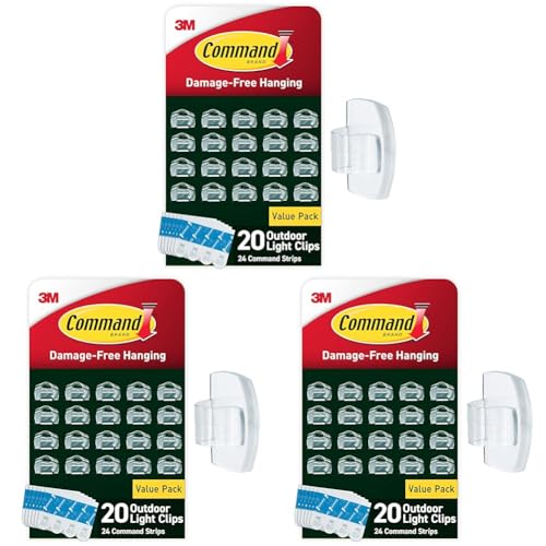 Command Outdoor Light Clips, 20 Clear Clips and 24 Command Strips, Damage-Free Hanging Outdoor Light Clips with Weather Resistant Strips, Wall Clip for Hanging Outdoor Lights and Cable Management - size: 20 Clips (Pack of 3)