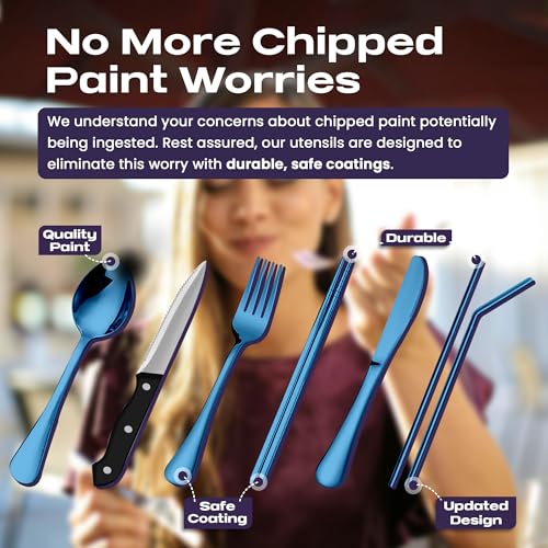 Taplord Portable Travel Silverware Set With Case, Includes 10 Pcs of Travel Utensils With Case, Stainless Steel Flatware Set For Camping, Lightweight (Blue) - color: Blue, size: 10 Pieces