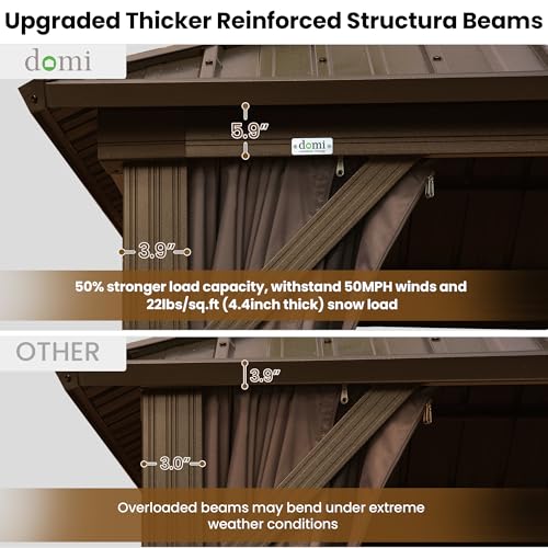 Domi 10' x 14' Hardtop Gazebo, Outdoor Metal Gazebo for Patios with Galvanized Steel Double Roof, Heavy Duty Curtains and Netting Included, Permanent Pergola for Backyard, Garden Lawn, Brown - color: Brown, size: 10'×14' Double Roof