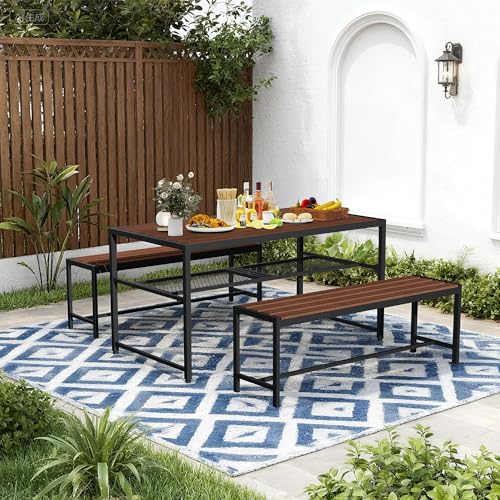 55'' Outdoor Picnic Table and Bench Set with 2" Umbrella Hole and Storage Shelf, Patio Dining Set for 6 People, Outdoor Dining Table and Chair for Garden Yard Porch- Brown