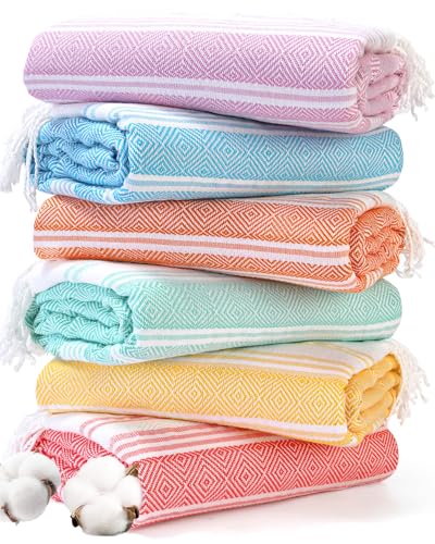 Genovega 6 Oversized Turkish Beach Bath Towel Set Bulk 74"x38" Extra Large Sand Free Quick Dry Swimming Camping Pool Clearance Towels Blanket Essentials Adult Multi LightBlue Rhombus - color: Multi Lightblue Set