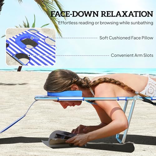 Outsunny Chaise Lounge Chair Outdoor Set of 2 with Face Arm Hole, 5-Position Reclining Face Down Tanning Chair with Carry Strap, Side Pocket, Portable Folding Bed Cot for Patio Beach Pool, Blue Stripe - color: Blue Stripe, size: 2 Pieces