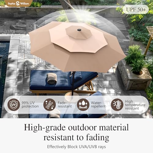 Sophia & William 10ft Patio Umbrellas 3-Tier Umbrella Outdoor Patio Umbrellas with Lights Vented Top 24 LED lights Adjustable Tilt for Pool Garden Backyard, Mixed Beige - color: Mixed Beige