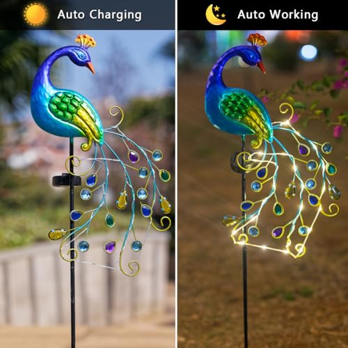 DREAMSOUL 2 Pack Peacock Solar Lights Outdoor, Waterproof Metal Peacock Outdoor Solar Lights for Yards Pathway Lawn Decoration Peacock Gifts - color: Colorful-2pack