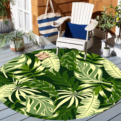 Forest Green Round Patio Deck Balcony Indoor Outdoor Area Rug Tropical Montera Palm Plant Waterproof Rug for Porch Camping Yard Hallway Non Skid Outside Carpet 3' - color: F, size: 3ft