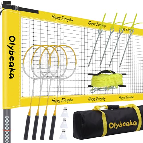 Outdoor Badminton Set for Backyard Lawn Beach Portable Badminton Net Set System with Anti Sagging Design 4 Carbon Aluminum Rackets 3 Birdies and Carrying Bag - color: Yellow