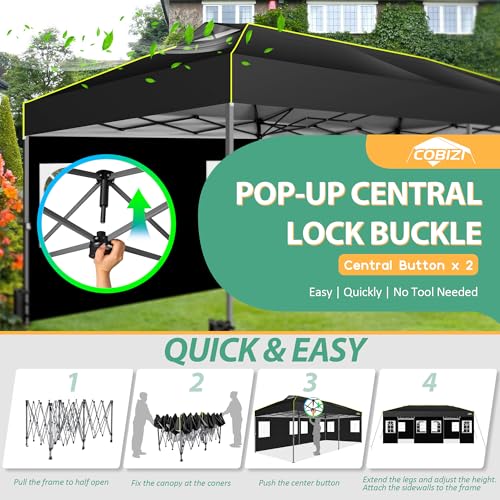 COBIZI 10x20 Pop Up Canopy Tent with 6 Sidewalls One Push Setup Outdoor Commercial Gazebo Waterproof UPF 50+ Party Tent with Carry Bag,Air Vent,Sandbag Tents for Parties,Wedding,Backyard,Black - color: Black(1-year warranty), size: 10x20