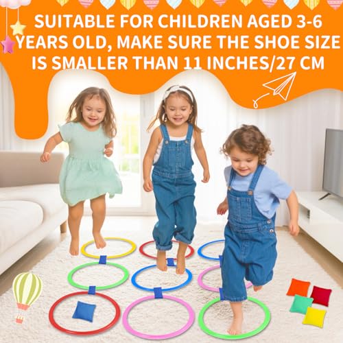 2 in 1 Hopscotch and Bean Bag Toss Set, Hopscotch Ring Game, Bean Bag Toss Game,10 Multi-Colored Plastic Rings and 10 Connectors for Indoor Outdoor Balance Agility Training Obstacle Course