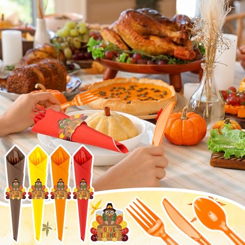 Roshtia 40 Set Pre Rolled Thanksgiving Plastic Silverware Set Disposable Dinnerware Essentials Cutlery Orange Brown 40 Napkins, 40 Knifes, 40 Spoons, 40 Forks, 40 Turkey Napkin Ring for Fall Parties