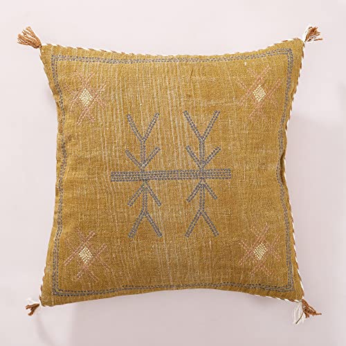 Labhanshi Mustard Color Cactus Silk Pillow, Rustic Throw Pillow, Embroidered Cushion Cover, Linen Cushion, Handmade Sabra Moroccan Decor Pillow 20x20