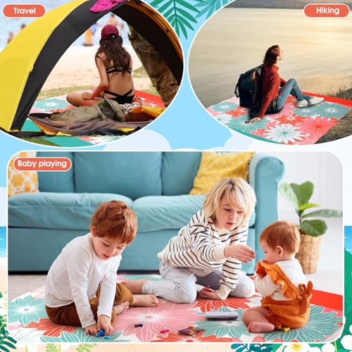 Drydiet Outdoor Picnic Blanket Beach Blanket Sandproof Waterproof Extra Large Beach Mat for 1-8 Adults Quick Drying Oversized Mat for Outdoor Picnic Camping Hiking(Orange and Cyan,78'' X 81'')