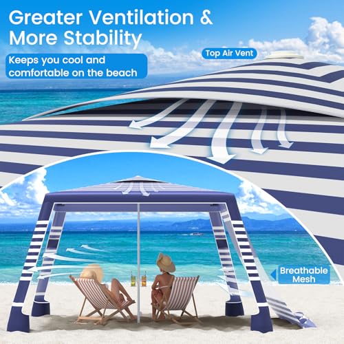 MoKo Beach Cabana, 8'×8' Large Beach Canopy with Side Wall, UPF 50+ Protection Easy Setup Beach Tent Sun Shelter, Adjustable Height Wind Resistant Cabana Beach Tent for Whole Family, Navy Stripes - color: Navy Stripes