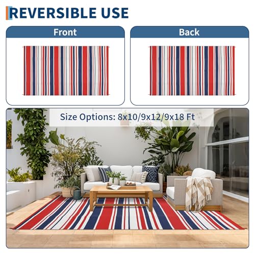 GarveeHome Modern Geometric Lines 9x12 Colorful Reversible Plastic Straw Outdoor Large Rug Non Shedding Stain Portable Outside Carpet for Trailer Backyard Balcony Camping Pool Rv,Red Navy White - color: Geometric Stripes| Red Navy White, size: 9' x 12' (R