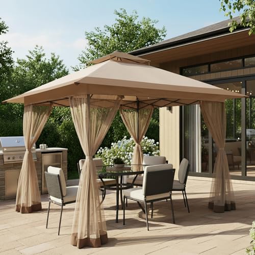 Bezseller 13x13 Pop Up Gazebo with Mosquito Netting – Easy 1-Person Setup, Water-Resistant Backyard Canopy for Family Patio & Garden Use,Khaki - color: Khaki, size: 13"x13"