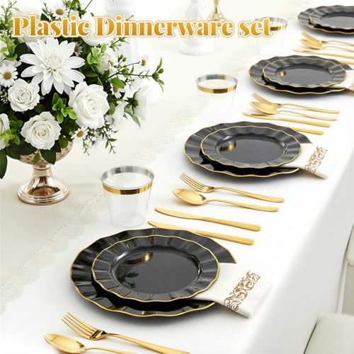 175 Plastic Dinnerware Set Party Supplies Disposable Dinnerware for 25 Guests Include 50 Plastic Plates,25 Silverware Set 25 Cups 25 Napkins Plastic Plates for Graduation Party Wedding（Black and Gold） - color: Black