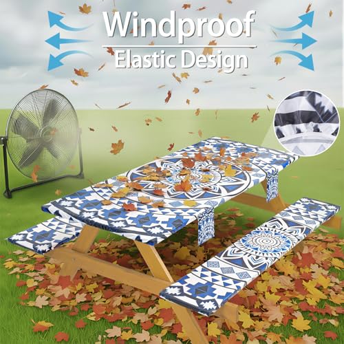 Fitted Waterproof Picnic Table Cover with Bench Covers Elastic 72×30Inch Weather Proof Non Slip Camping Table Clothes for 6Feet Rectangle Tables Campers Summer Fall Travel Hiking Tools Gifts - color: Blue Bohemian, size: 72" x 30" (Rectangular)