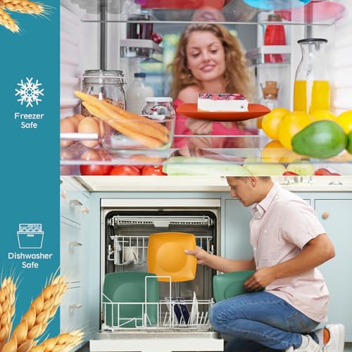 Teivio 88-Piece Kitchen Plastic Wheat Straw Square Dinnerware Sets for 8, Dinner/Salad/Tidbit Plates, Fruit/Snack Bowls, Cups, Flatware, Dishwasher Safe, Unbreakable Outdoor RV Dishes, Fall Multicolor - color: Fall Multicolor
