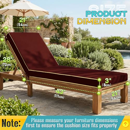 Outdoor Chaise Lounge Cushions 2 Pack, Patio Lounge Chair Pads with Removable Washable Cover, Quick Dry Foam Cushions for Pool, Lawn, Deck (2, Red（72X21X3in）) - color: Red（72x21x3in）
