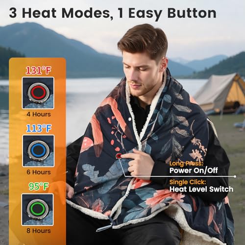 WOOMER Wearable Heated Blanket Battery Operated 50x70 Inches, 15000mAh Cordless Rechargeable Electric Throw Blanket with 3 Heat Settings, Waterproof Portable Heating Blanket for Outdoor Camping Travel