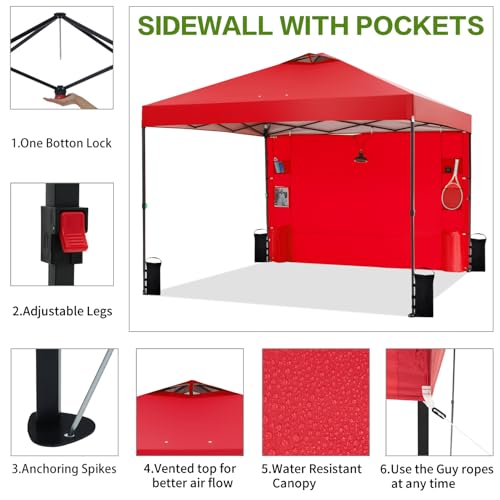 Tunbne 10'x10' Pop Up Canopy Tent with 1 Sidewall and 6 Pockets, One Push Setup, Instant Shade Tent with Vented Roof for Beach Patio Outdoor, Case, 8 Stakes, 4 Ropes, 4 Sandbags (Red, 10x10) - color: Red, size: 10x10