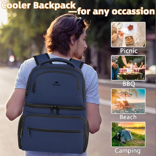 MATEIN Cooler Backpack, 26 Cans Insulated Lunch Backpack for Men Women, Leakproof Double Layer Lunch Cooler Bag Lightweight Soft Lunch Backpack with Cooler Compartment, Beach Camping Hiking Beer Gifts - color: Blue, size: 26 Cans