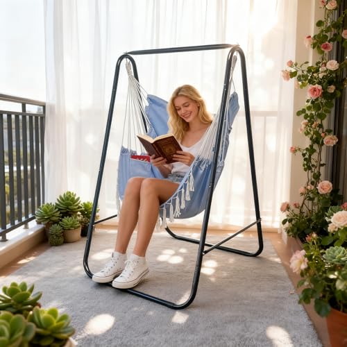 Hammock Chair with Stand,Heavy-Duty Hammock Stand with Large Indoor Swing,MAX Load 500 LBS,Hanging Chair with Stand for Indoor Outdoor,Swing Chair with 2 Cushions Included(Blue) - color: Blue