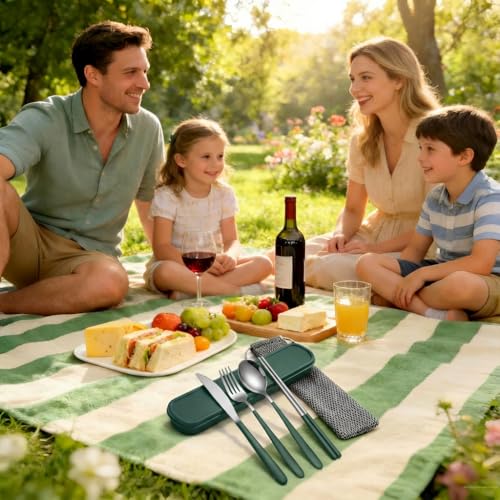 Portable Camping Utensil Set - 18/8 Stainless Steel Travel Silverware with Compact Case - Reusable Knife Fork Spoon Chopsticks Kit for Hiking, Picnic, Backpacking & Outdoor Eating (Silver Green) - color: Silver Green