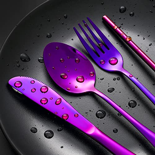 Boulder Bee | Travel Utensils Set | Reusable Camping Cutlery Set | Stainless Steel Flatware Set | Portable Silverware Set with Case | Includes Knife/Fork/Spoon/Straw/Cleaning Cloth/Case (Purple) - color: Purple