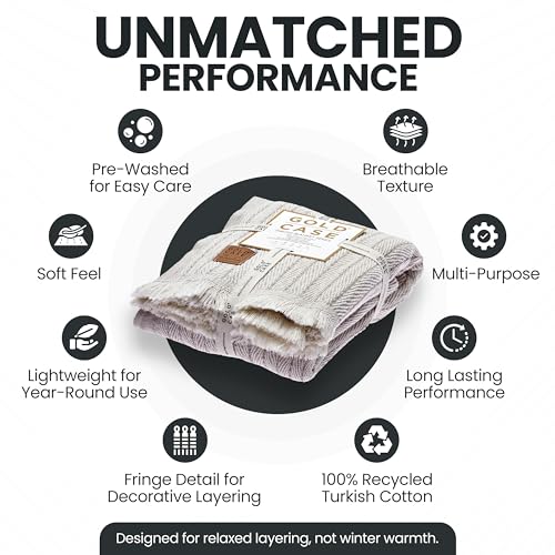 GOLD CASE Throw Blanket for Couch - 100% Recycled Turkish Cotton Blankets & Throws - Vintage Soft Throw Blankets for Living Room - Boho Decorative Woven Couch Blanket - 60x80 - Beige - color: Vintage Beige, size: 60x80"