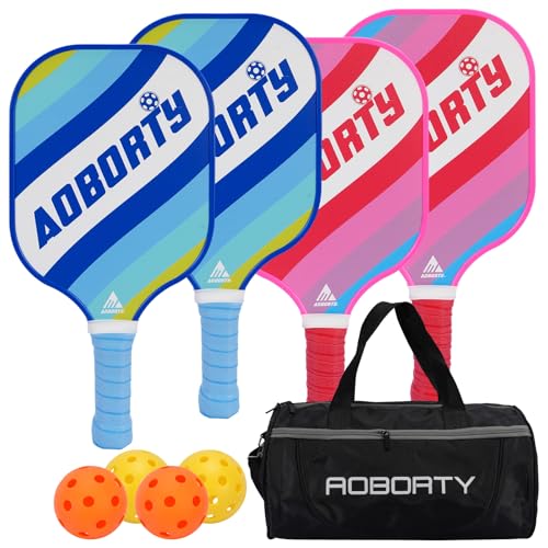 AOBORTY Pickleball Paddles 4 Pack - USAPA Light Graphite Premium Rackets Fiber Face & Polymer Honeycomb Core Pickleball Set with 4 Outdoor Indoor Balls Including Portable Carry Bag - color: Pink and blue