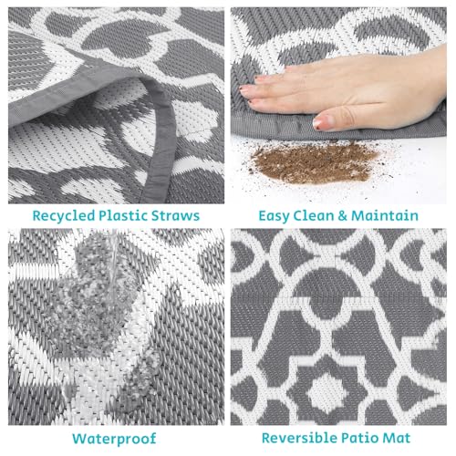 HEBE Outdoor Rug Waterproof 8ft, Plastic Straw Rug Camping Rug, Reversible Outdoor Patio Rugs RV Mat Clearance, Indoor Outside Floor Carpet for Porch,Deck,Camper,Balcony,Backyard - color: Grey, size: 8' (Round)