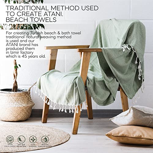 ATANI 69x35 in Oversized Turkish Beach Towel Set with Tote Bag – Quick-Dry 100% Turkish Cotton Peshtemal, Sand-Resistant, Lightweight for Shower, Travel, Pool, Yoga (Green) - color: Green + Bag, size: 35 inc x 69 inc