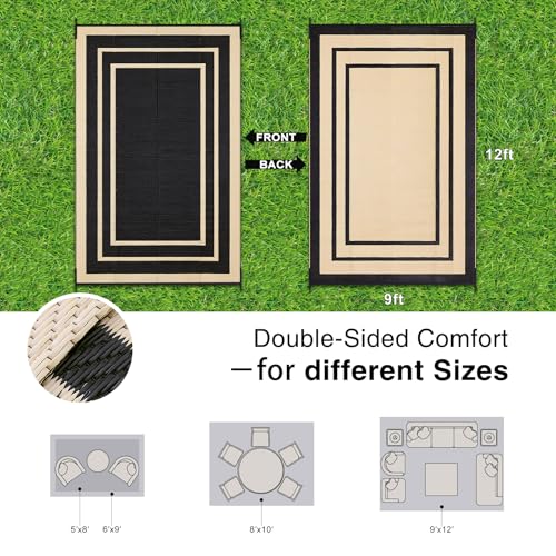 OLANLY Outdoor Rug 9x12 ft Waterproof, Reversible Outdoor Plastic Straw Rug, RV Mat, Indoor Outdoor Carpet Clearance for Patio, Camping, Balcony, Deck, Backyard, Black & Beige - color: Black & Beige, size: 9' X 12' (Rectangular)