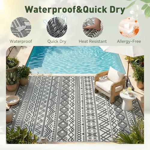 MontVoo Outdoor Rug Carpet Waterproof 9x18 Outdoor Patio Rug Mat Reverisble Plastic Straw Outdoor Rug for RV Camping Picnic Beach Balcony Boho Grey Large - color: Grey, size: 9' x 18' (Rectangular)